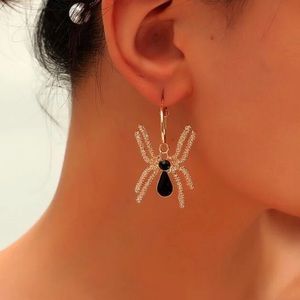 Gold Textured Rhinestone Spider Earrings